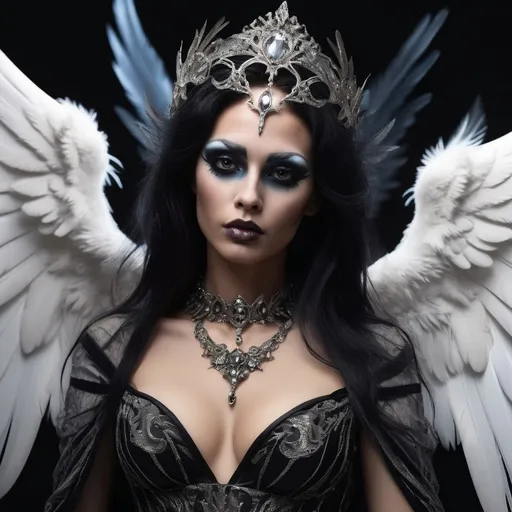 Prompt: Lucifuge Rofocale (Light-Bringer) gorgeous drag queen fallen angel, (ethereal and haunting), dramatic wings, dark flowing robes, piercing gaze, mystical light emanating from halo, celestial background filled with turbulent clouds, moody atmosphere contrasting light and shadow, intricate details in feathers and fabric, ultra-detailed, high definition, vibrant colors merging with dark tones, a sense of power and vulnerability intertwined.