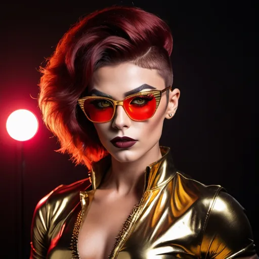 Prompt: Gorgeous ultra-muscular 25-year-old Czechian drag queen bodybuilder with short spiky swept over dark red hair, heavy eye makeup,  and dark red lipstick, wearing gold framed horn rimmed glasses with bright reflections on the lenses, and gold and black layered shirts. using only black, gold, and white.  Background is black with neon red light.