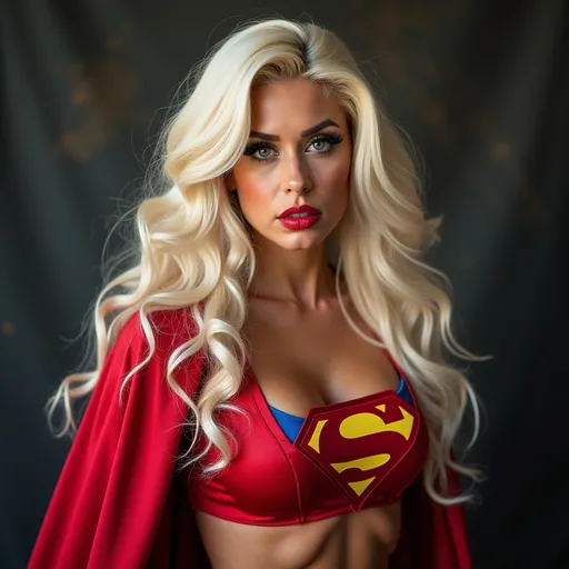 Prompt: Gorgeous ultra-muscular 25-year-old Greek drag queen bodybuilder with very long wavy platinum blonde hair dressed as Supergirl.