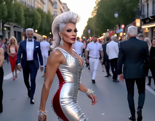 Prompt: A high definition hyper-detail live action digital photograph of A gorgeous ultra-muscular 55-year-old French genderfluid drag queen with short spiky swept over silver hair wearing an amazing ensemble of both men attire and women's attire, and 8 inch stiletto high heel shoes.  Walking down the street at sundown.