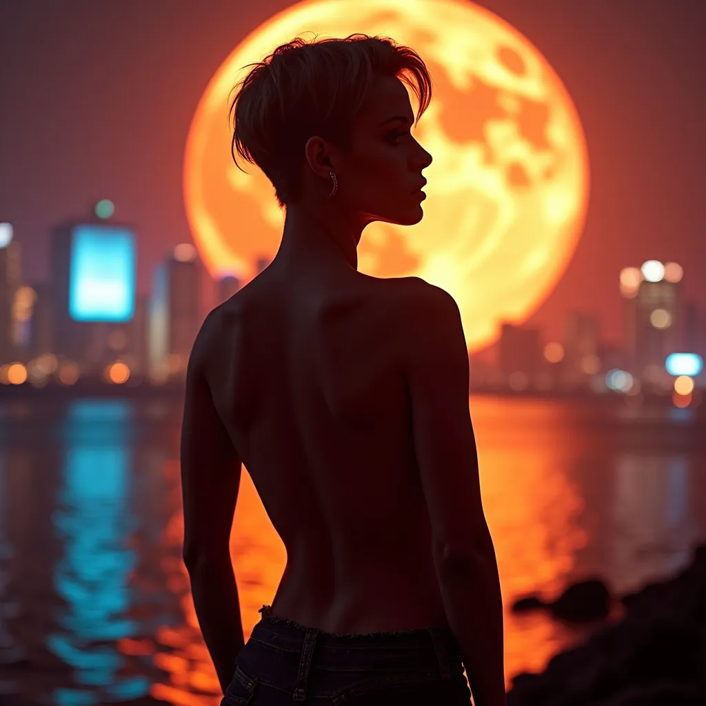 Prompt: (Cyberpunk aesthetic), (gorgeous ultra-muscular25-year-old Czechian drag queen bodybuilder), (asymmetric haircut), (heavenly beauty), showcasing (perfect anatomy), arms elegantly tucked behind her back, bathed in radiant (golden moonlight), at a dreamy (moonlit night), vivid neon cityscape in the background, rich contrasts of warm tones and cool hues, ultra-detailed, capturing an ethereal yet modern vibe, visually striking and enchanting.