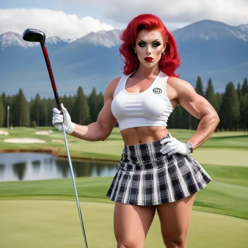 Prompt: a gorgeous ultra-muscular 25-year-old Finnish drag queen bodybuilder with large busom and bright red hair, wearing a golf skirt and cute tank top, 8 inch stiletto high 
heel shoes, smokey eye shadow  and dark red lipstick, holding a golf club and posing for a picture on the golf course with mountains in the background, Evelyn Abelson, superflat, professional, a stock photo