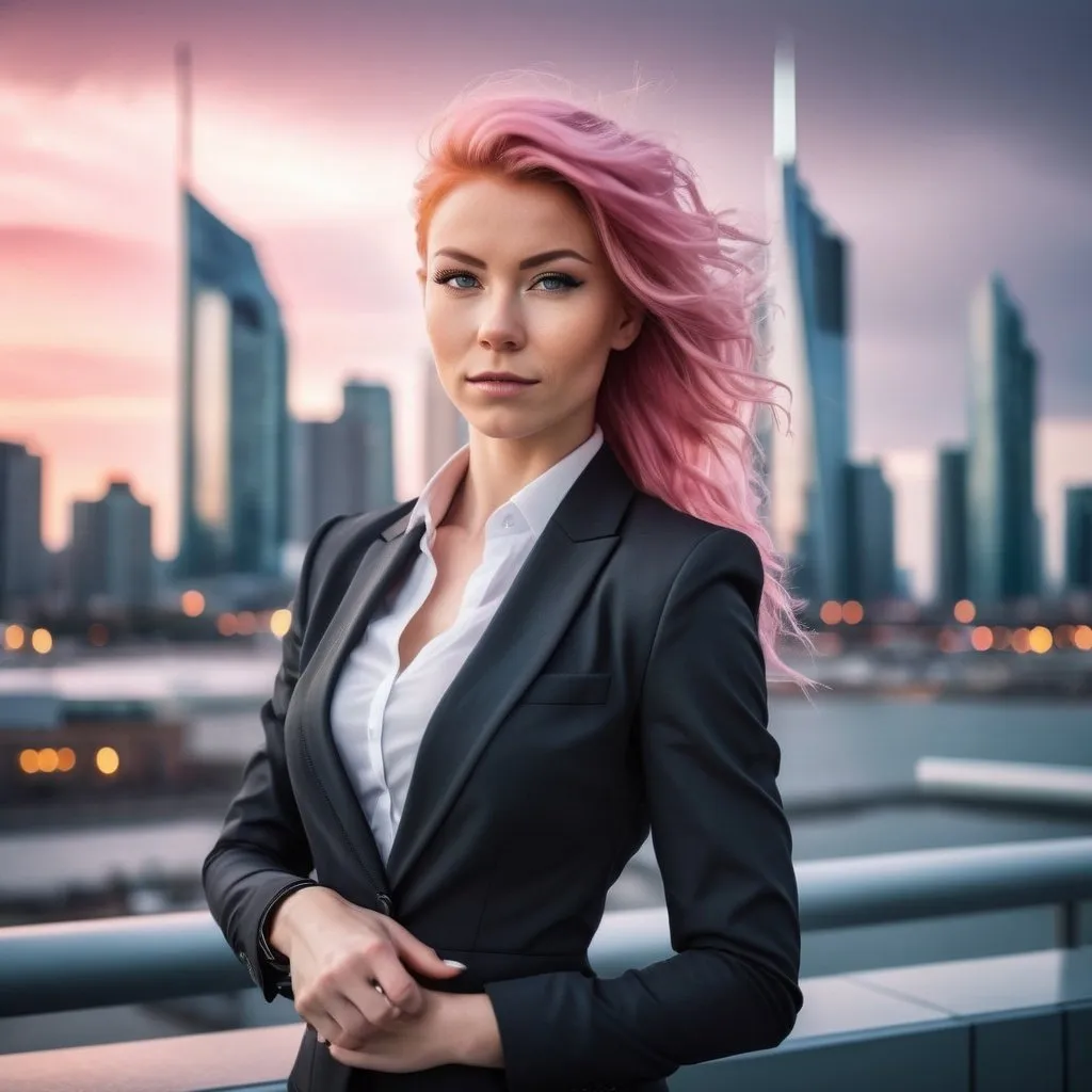 Prompt: Create a cool picture of a Gorgeous ultra-muscular 25-year-old Finnish pink-haired businesswoman  in front of a city skyline with futuristic lighting.