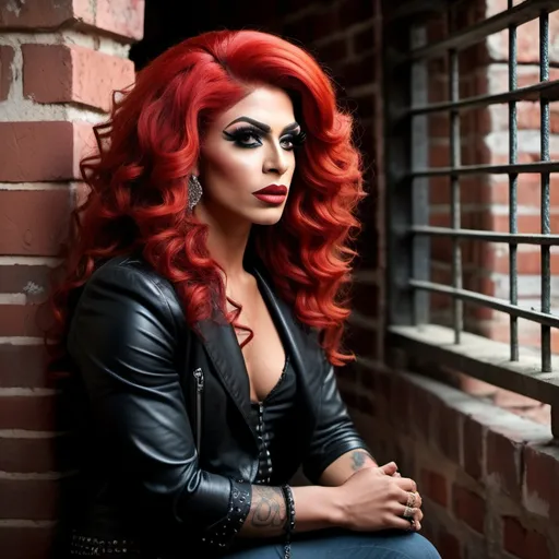 Prompt: Gorgeous ultra-muscular 25-year-old Turkish drag queen sitting on a bench in a dank brick prison cell,. She stared at him down the sharp edges of her cheeks partly hidden behind her curly red hair, her body relaxed as it slouched against the wall. random pose, gothic art, promotional image, a poster