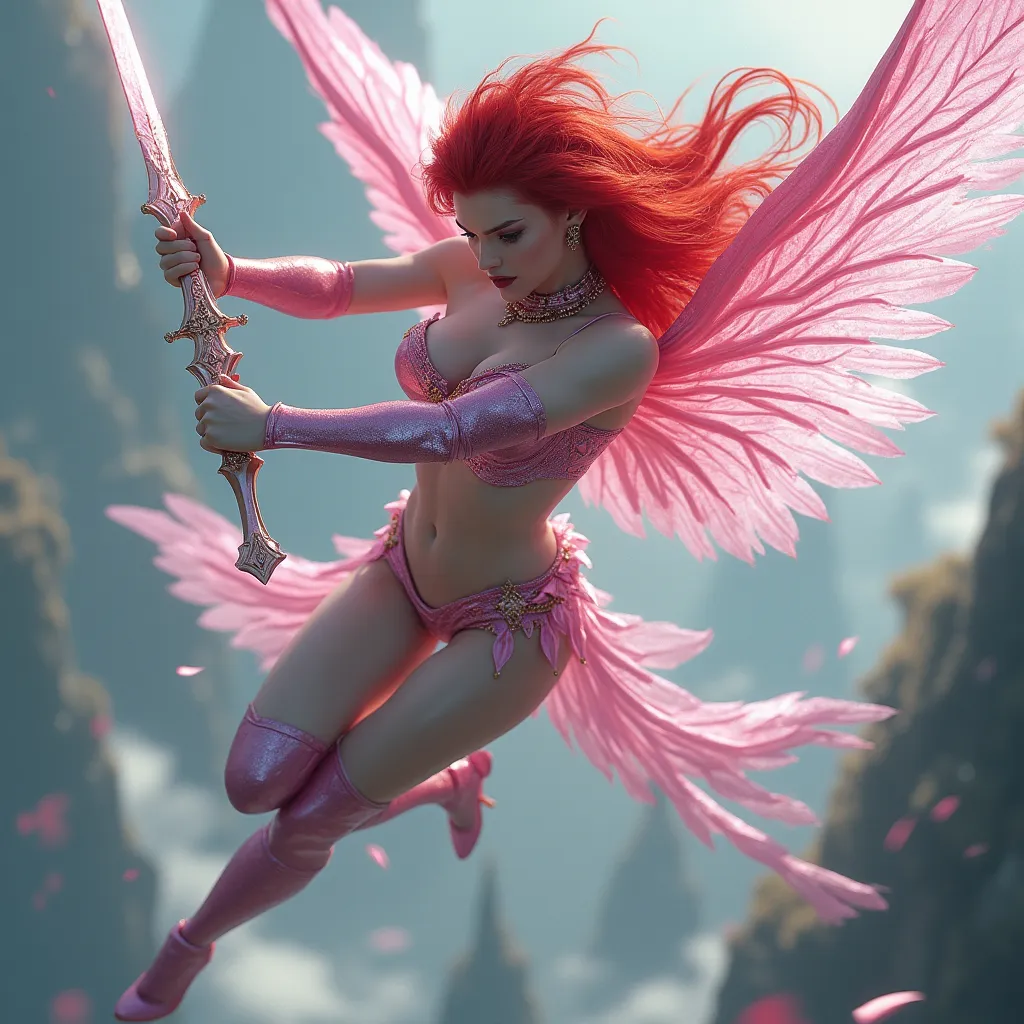 Prompt: A photorealistic image of a Gorgeous ultra-muscular 25-year-old drag queen Sky Elf fighter, a lithe and agile warrior with flowing bright red hair and iridescent pink wings, dark eye makeup and dark lipstick, in mid-battle amidst the floating islands of their sky city. The Sky Elf fighter, clad in sleek, shimmering armor that catches the light, wields dual blades with unmatched speed and precision. Their movements are a blur as they attack with the swiftness of the wind, the blades cutting through the air with ease. The scene captures the dynamic motion of combat, with the fighter executing a swift aerial maneuver, their wings catching a gust of wind that propels them forward. In the background, the floating city with its grand, airy architecture is partially shrouded in mist, giving a sense of otherworldly elevation. Art styles: photorealism, action, fantasy. Lighting: natural daylight, dynamic shadows. Camera: wide-angle action shot. Resolution: 8k, ultra-detailed.