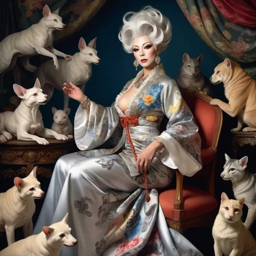 Prompt: tarot card Anime illustration, a silver-haired gorgeous Japanese drag queen, detailed ornate cloth robe, dramatic lighting, "Photographic full body portrait of a beautiful middle-aged drag queen by Francois Boucher, Ingres, Jacques Majorelle, surrounded by fantastic little animals"