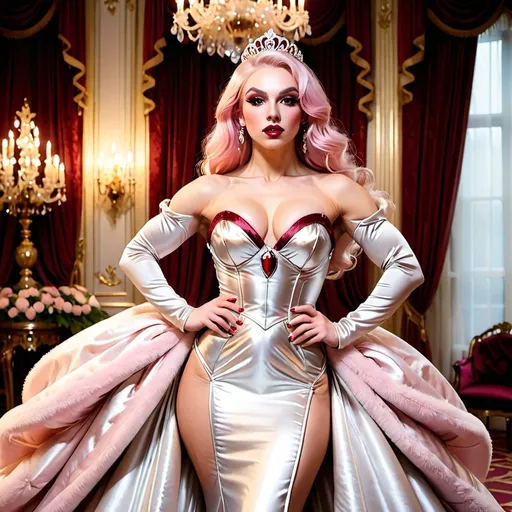 Prompt: elegant muscular 21-year-old Czechian drag queen bodybuilder with big busom, dark red lipstick, full lips, and platinum pink hair, adorned in a luxurious gown, standing gracefully, golden color palette, opulent room with high ceilings, warm lighting, rich velvet curtains draping, plush furniture, intricate moldings, ambient glow enhancing the glamour, intricate details creating a sense of sophistication, lavish decor, ultra-detailed, 4K quality, dramatic atmosphere.