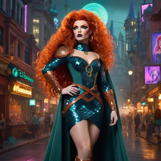 Prompt: Gorgeous muscular cyberpunk drag queen (Disney's) Merida, great legs, crystal high heels,  dark lipstick.