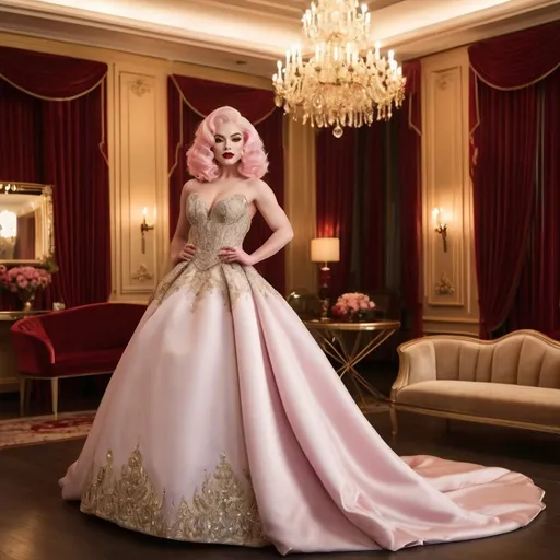 Prompt: elegant muscular 21-year-old Czechian drag queen bodybuilder with big busom, dark red lipstick, full lips, and platinum pink hair, adorned in a luxurious gown, standing gracefully, golden color palette, opulent room with high ceilings, warm lighting, rich velvet curtains draping, plush furniture, intricate moldings, ambient glow enhancing the glamour, intricate details creating a sense of sophistication, lavish decor, ultra-detailed, 4K quality, dramatic atmosphere.