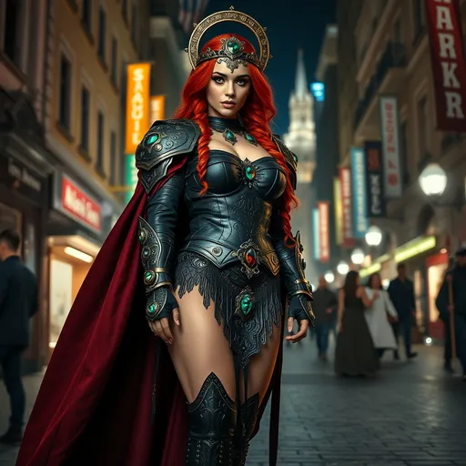 Prompt: a mid range full body image of a Gorgeous ultra-muscular 25-year-old Norwegian drag queen bodybuilder in the bustling city center wearing black leather armor with intricate ornate metal details studded with emerald gems and a bronze circlet with a large gem on her head, long maroon billowing cape curvy, powerful, braided flowing bright red hair, Aramenta Dianthe Vail, fantasy art, epic fantasy, computer graphics, high heels, corset, long loincloth with intricate details, stockings, feminine face, magically glowing eyes, magical, tanned skin, night time