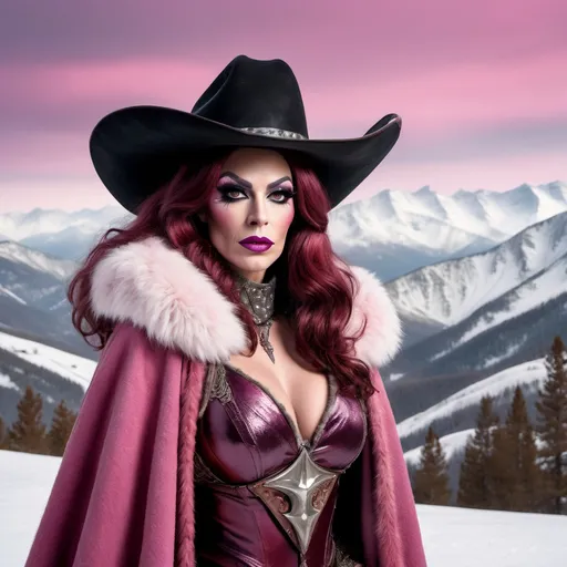 Prompt: A hi-res 8k hd digital photograph of a proud gorgeous rugged drag queen (with masculine jawline and brow) cowgirl with huge busom in winter snowy mountains. She is wearing a dark pink cloak lined with fur and a scarf over metal armor. She has ridiculously long wavy dark red hair and a black cowboy hat. She is holding a halberd. It is snowing and windy. She is smiling. Cowboy hat.
