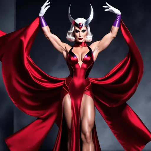 Prompt: If Magneto was a gorgeous muscular drag queen (full length photo) with long muscular legs and a very muscular physique. Performing in a beautiful gown. Dark eye shadow, heavy mascara, and dark red lip stick.