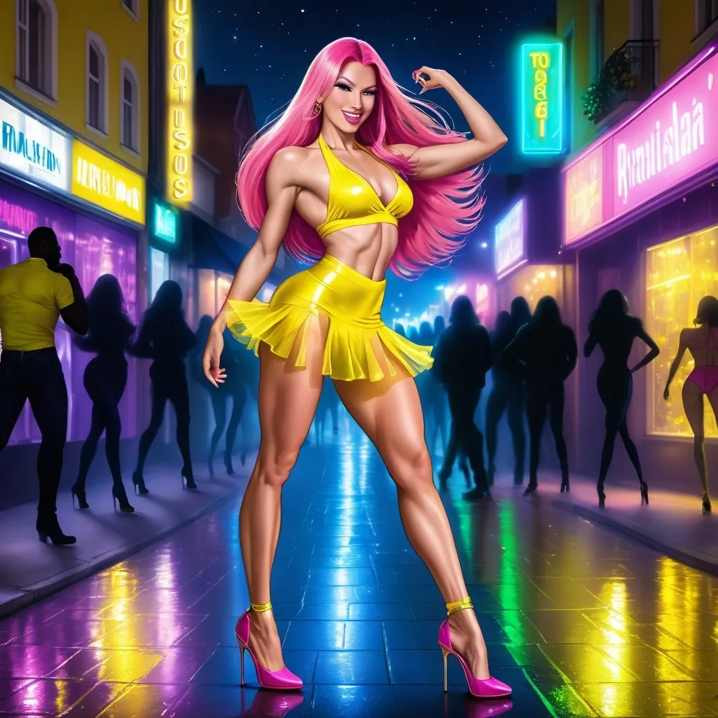 Prompt: Tall gorgeous ultra-muscular 25 years old Romanian goddess bodybuilder wearing eight inch stiletto high heel shoes,  yellow mini skirt, yellow halter top, ridiculously long straight shiny pink hair while dancing in the streets at night smiling 