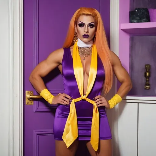 Prompt: The image shows a Gorgeous, very muscular, suntanned, 25-year-old, suntanned, Greek drag queen (with strong masculine facial features, dark lipstick, huge busom, light orange hair) standing in a room with a white door and a white stool in the background. She is wearing a purple mini dress with a yellow scarf tied around her neck and a purple headband. She has long light orange hair and is wearing pink knee-high boots. She is posing with one hand on her hip and the other hand resting on the door handle. She appears to be looking directly at the camera with a serious expression on her face.