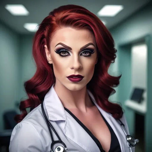 Prompt: Gorgeous muscular 25-year-old  British drag queen (masculine facial features) doctor with auburn hair, dark eyeshadow,  dark red lipstick, big busom, photorealistic picture, detailed facial features, doctor outfit, hospital background, confident expression, intelligent gaze, high quality, professional lighting