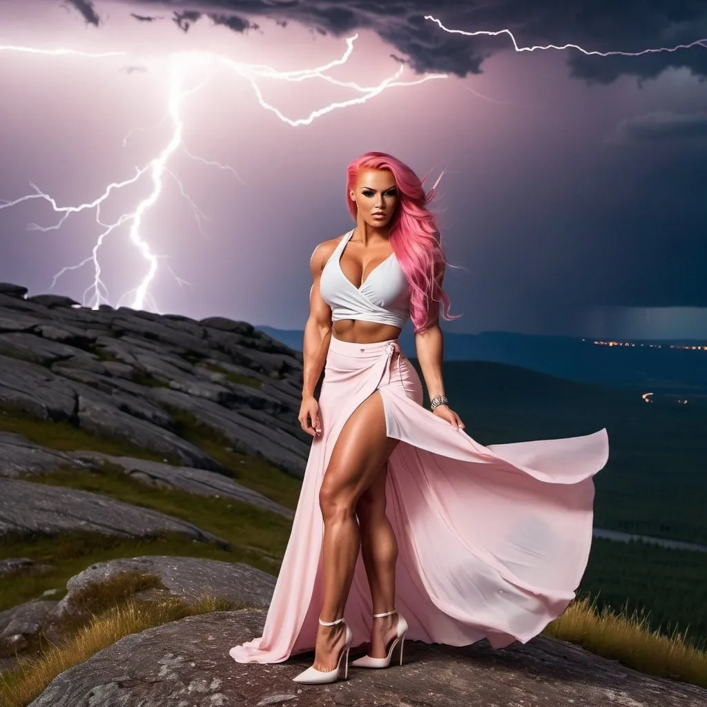 Prompt: A picture of a Gorgeous, ultra-muscular, 
Finnish 25-year-old goddess bodybuilder with huge busom and long stylish pink hair, wearing flowing skirt, a wrap around blouse, and 8 inch stiletto high heel shoes, alone on a mountain top during a lightning storm.