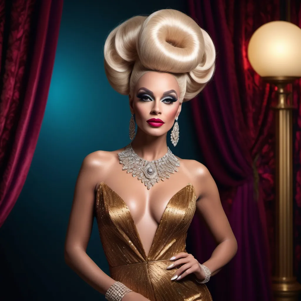 Prompt: Haute couture 35-year-old French drag queen model in a retro 1970s outfit, retro hair style, elegant and sophisticated full body pose, luxurious fabric with rich textures, high-end fashion photography