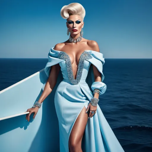 Prompt: A mesmerizing portrait graces the cover of an elite fashion magazine, capturing the essence of high-end sophistication. Set against a ocean-blue backdrop, the gorgeous, muscular, Hungarian drag queen (slight masculine jawline and brow features), model exudes confidence and allure, Large busom, adorned in exquisite fashion garments that epitomize elegance and class. This breathtaking image transcends traditional notions of style, embodying an innovative vision of haute couture that pushes the boundaries of modern aesthetics.