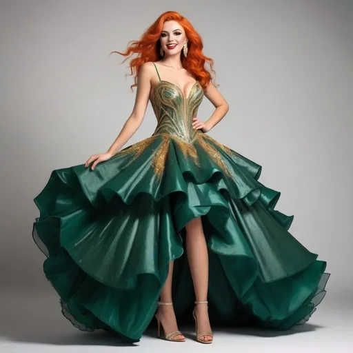 Prompt: Full body shot, a delighted photo model, (> Spaghetti Straps Sweetheart Sleeveless Ball Gown Sparkly Formal Dress in emerald green <), (>dark orange hair with golden highlights her feet are wearing 8 inch stiletto high heel gold sandals <), (>beautiful and exuberant French drag queen <), (( in her hand she holds >a golden mobilei< )),((( Isolated white background ))) , ((((3D, ultra detailed, photorealistic, ultrarealistic, 32K, 18K, digital graphics, HD, HDR, UHDR))))