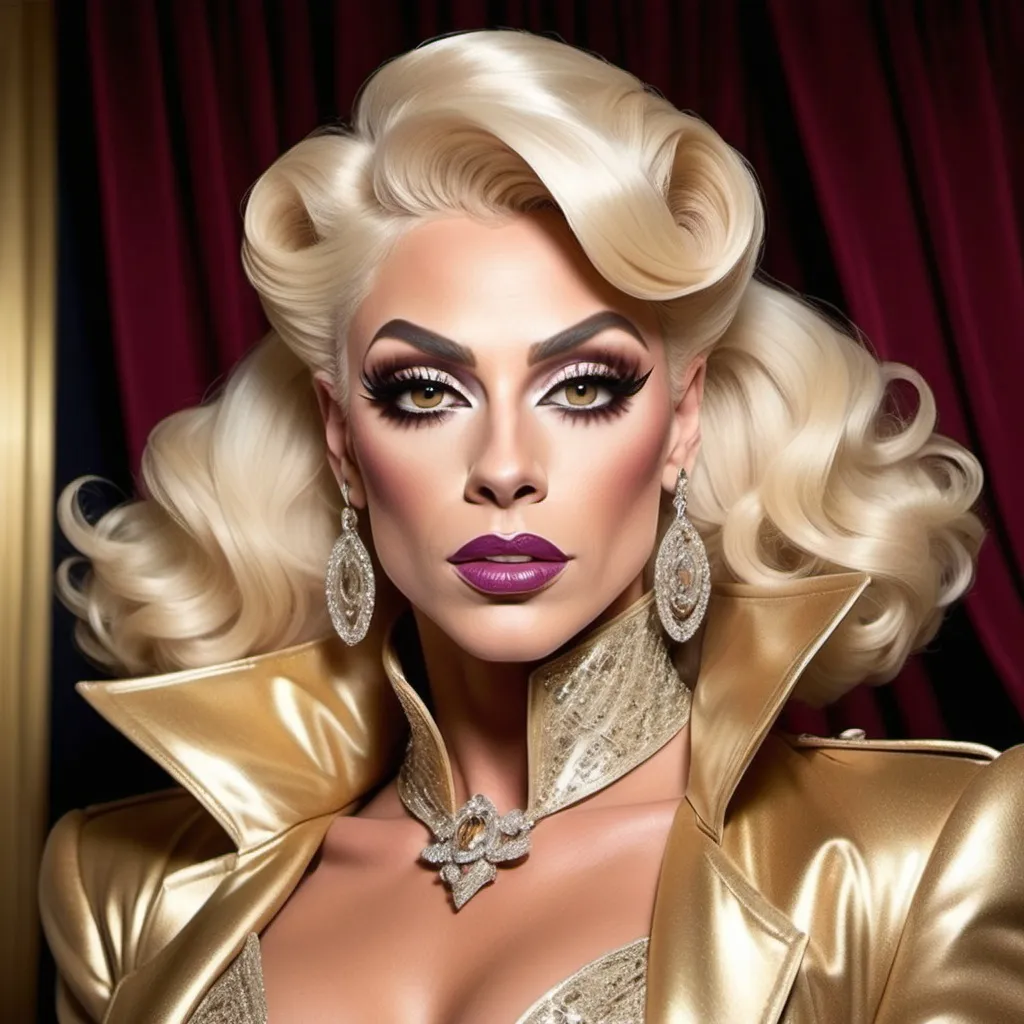 Prompt: "A gorgeous muscular British drag queen in her late twenties with striking platinum blonde hair and light brown eyes that shimmer with a golden hue. She has a sharp, regal face and an air of authority. Known as the 'Golden Dutchess,' she is tall and muscular, exuding confidence and refinement. Dressed in a tailored noble coat with intricate detailing, she stands in a grand hall, her demeanor poised yet guarded, hinting at a troubled past beneath her polished exterior."