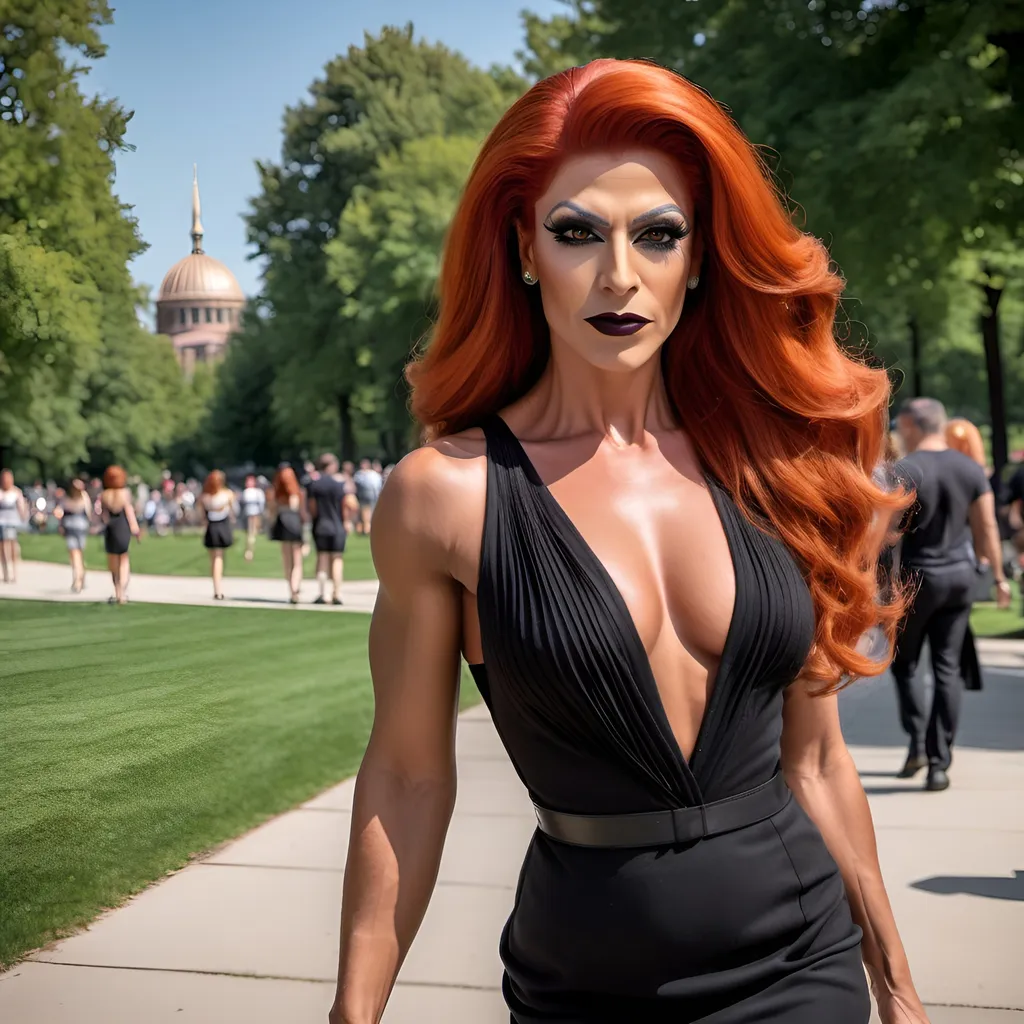 Prompt: A gorgeous muscular red-headed 35-year-old Turkish drag queen with a long dark orange swept over hair, with  strong masculine facial features,  dark eyeshadow and dark lipstick,  wearing a Knit Pleat-Back Dress, and 8 inch stiletto high heel shoes,  walking through Grant Park in the summer.