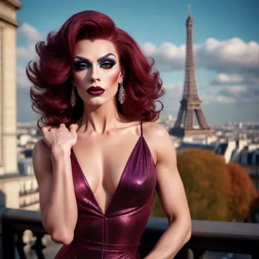 Prompt: (photorealistic) glamour photography, a handsome man DRESSED UP AS a Gorgeous muscular 25-year-old DRAG QUEEN (with drag queen facial features, dark lipstick, large busom, dark red hair) posing elegantly in Paris, breathtaking city background, soft natural lighting, dramatic shadows, high fashion style, inspired by Guy Aroch, classic romance vibe, vibrant colors with a touch of vintage, ultra-detailed capture, showcasing intricate details in outfit and accessories, capturing the essence of Parisian beauty and sophistication.