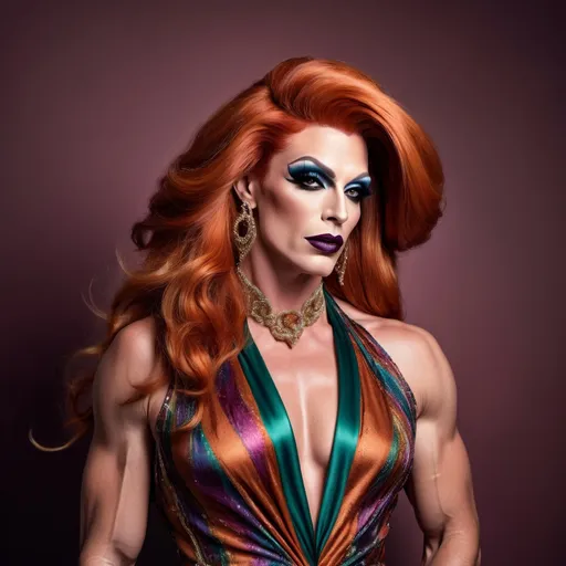 Prompt: Glamour photography of a handsome man DRESSED UP AS a gorgeous muscular 35-year-old drag queen with long burnt orange hair, dark eye makeup, dark lipstick, and large busom, wearing (multi-colored Gucci Sanremo dress), elegant high-fashion design, flowing fabric with intricate draping, lush textures, shimmering elegant fabrics, (vibrant colors), modern and luxurious ambiance, (ultra-detailed), soft diffused lighting to highlight details, stylish accessories, framed by a chic backdrop that enhances the garment's sophistication.