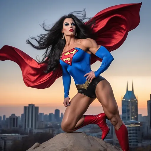 Prompt: Gorgeous muscular 35-year-old Romanian drag bodybuilder with long flowing wavy black hair (((blowing in the wind))), large busom, dressed as Supergirl (((DC Comics Character))), 8 inch stiletto high heel boots, standing on a gargoyle looking down on Metropolis at dusk. Cape blowing in the wind.