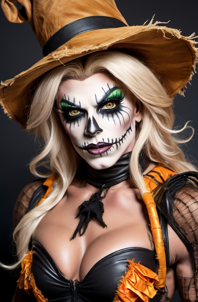 Prompt: Gorgeous ultra-muscular 25-year-old drag queen dressed as a spooky scarecrow.