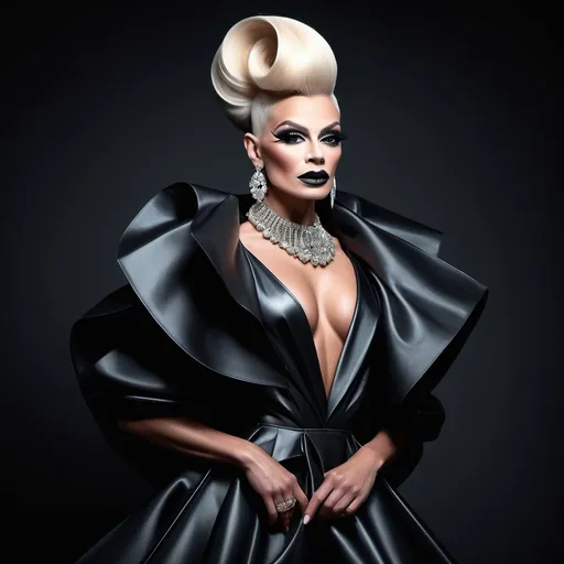 Prompt: A mesmerizing portrait graces the cover of an elite fashion magazine, capturing the essence of high-end sophistication. Set against a jet-black backdrop, the gorgeous, muscular, Polish, drag queen, model exudes confidence and allure, adorned in exquisite fashion garments that epitomize elegance and class. This breathtaking image transcends traditional notions of style, embodying an innovative vision of haute couture that pushes the boundaries of modern aesthetics.