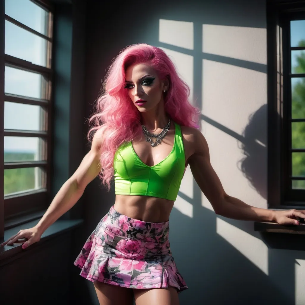 Prompt: 64k , high resolution ,dark colors ,digital photography, glamour photography , art photography , professional , dark room , window with opened shutters ,sunlight shines the woman through the window  , a gorgeous ultra-muscular 25-year-old Finnish drag queen with athletic physique dancing with a content look on her face , long pink hair, neon green sleeveless crop top shirt , detailed white floral short circle skirt ,necklace , legs , 8 inch stiletto high heel shoes, close up ,drama , light and shadow photography , low angle shot