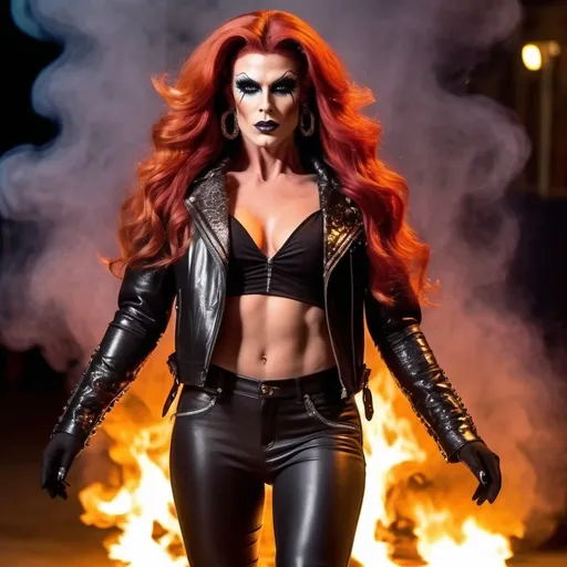 Prompt: Gorgeous muscular demon drag queen, long red wavy hair, leather dark black pants, golden leather jacket, 8 inch stiletto knee-high boots. Walking through fire and brimstone. Detailed gorgeous drag queen face.