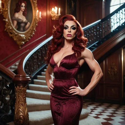 Prompt: High-resolution, cinematic-style photograph featuring a gorgeous ultra-muscular 25-year-old Italian drag queen bodybuilder with fair skin and dark red hair styled in elegant waves. Wearing a conservative yet classy dress outfit, She is standing on an ornate staircase in a grand, opulent interior.