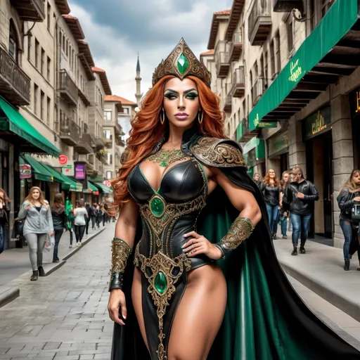 Prompt:  a mid range full body image of a Gorgeous muscular 25-year-old Turkish drag queen bodybuilder in the bustling city center wearing black leather armor with intricate ornate metal details studded with emerald gems and a bronze circlet with a large gem on her head, long black billowing cape curvy, powerful, braided flowing ginger hair, Aramenta Dianthe Vail, fantasy art, epic fantasy, computer graphics, high heels, corset, long loincloth with intricate details, stockings, magically glowing eyes, magical, night time