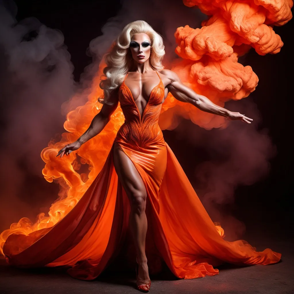 Prompt: Gorgeous ultra-muscular 25-year-old Czechian drag queen bodybuilder made of smoke and fire. Wearing a gown of lava.