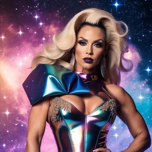 Prompt: Gorgeous muscular 35-year-old British drag queen bodybuilder with big busom, dark eye makeup, dark lipstick, and long dark blonde hair, (Miu Miu Space dress), elegant fashion design, futuristic style, playful shapes, ethereal textures, celestial colors, muted pastel tones contrasted with metallic accents, detailed embellishments, floaty silhouette, dreamy atmosphere, high fashion photography, ultra-detailed, captivating backdrop of a starry night sky, surrounded by cosmic elements, (4K), (trendy and chic).