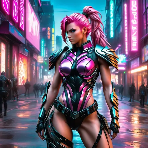 Prompt: 64k UHD detailed digital photograph of a gorgeous ultra-muscular 25-year-old Norse goddess bodybuilder with ridiculously long wavy pink braided ponytail, cyberpunk outfit, 8 inch stiletto high heel shoes,unreal engine 5, hip hop punk style, perfect autonomy body shape, muscular yet slim, detailed muscular structure, intense and authoritative gaze, futuristic Nordic setting, cool and edgy atmosphere, detailed armor with cybernetic enhancements, glowing holographic elements, high-res, ultra-detailed, anime, hip hop punk, futuristic, detailed muscles, urban setting, Victorian Nordic, powerful stance, professional, dynamic lighting