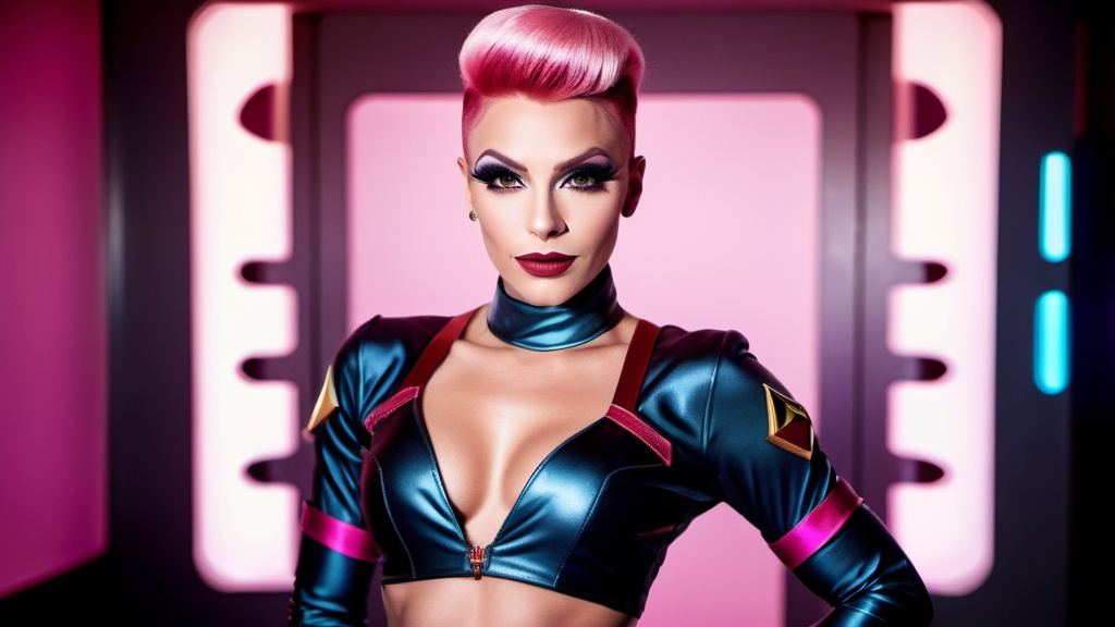 Prompt: Gorgeous ultra-muscular 25-year-old Czechian drag queen, Kylie Sonique Love, Star Trek Uniform, harness:1.4, full lips, short swept over pink hair, heavy mascara, dark eyeshadow, dark red lipstick, Bridge Command Center Background, instagram pose, smiling, raw photo, sharp focus on eyes, film grain, magazine cover, high quality, clothing details, fine fabric, full body, art student, (official art, extremely detailed CG unity 8k wallpaper), beautifully detailed eyes, detailed fine nose, detailed fingers, (8k), (best quality), ( masterpiece:1.2), (realistic), ( photorealistic:1.57), extremely detailed handsome gentlebeing, couture, magazine cover, textless, high quality, clothing details, fine fabric, full body, 8k, cinematic lighting (high detailed skin:1.1) ,Enhance,Golden Inspiration