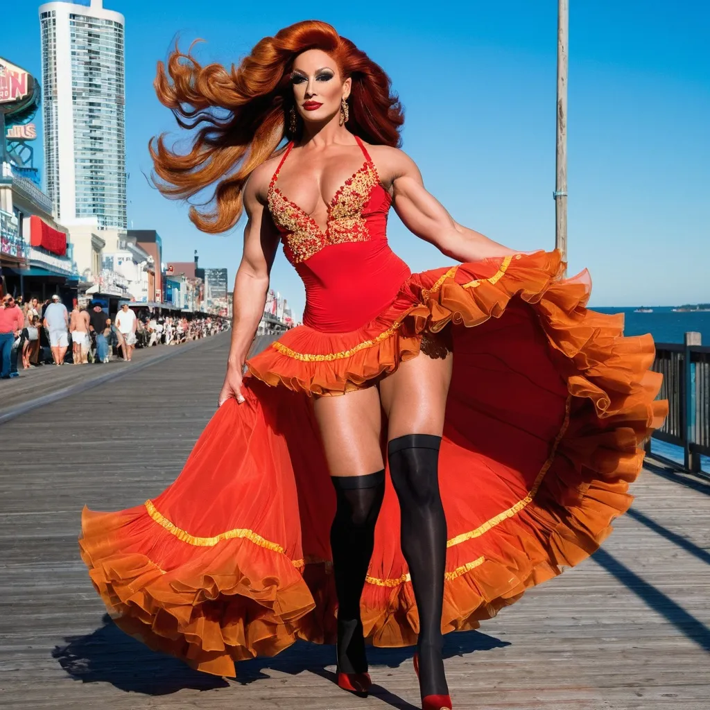 Prompt: Gorgeous 25-year-old (caucasian) muscular Austrian drag queen ((strong masculine jawline and brow)) with huge busom, fit figure, and ridiculously long wavy burnt orange hair (((blowing in the wind))), wearing a gold crop top, red frilly dress, black sheer nylon stockings, and 8 inch stiletto high heel shoes, walking on the boardwalk at twilight.