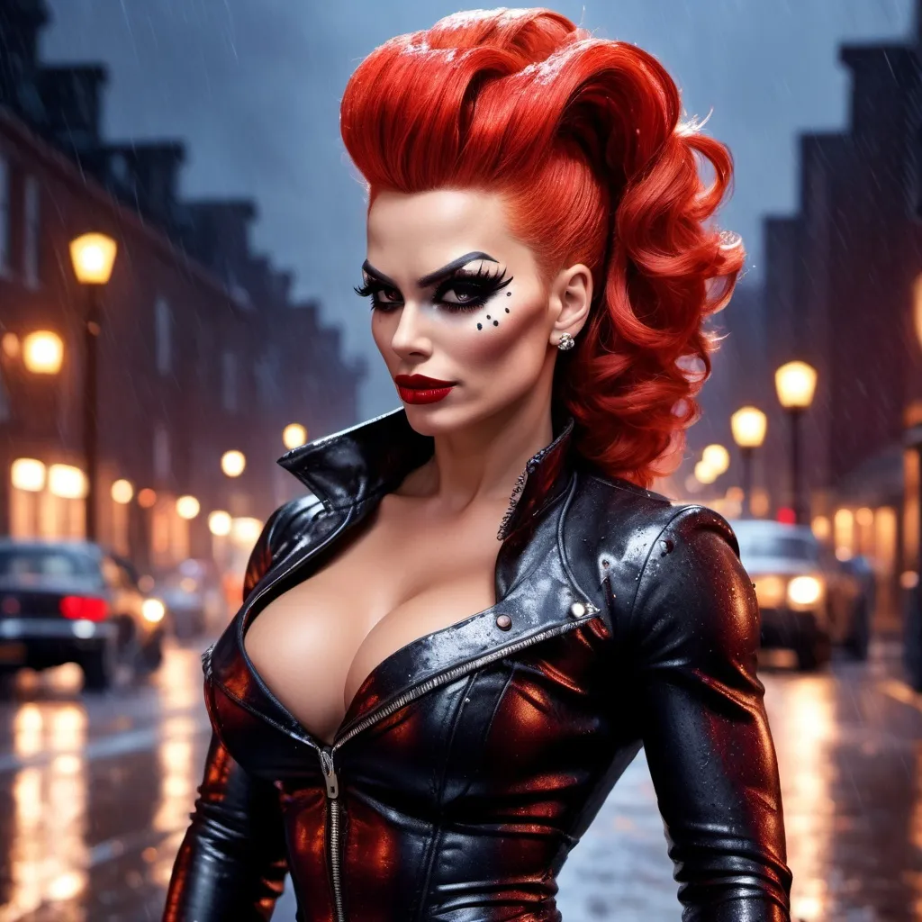 Prompt: Ghost Rider dressed as A hyper realistic flawless 25-year-old gorgeous Northern European drag queen bodybuilder with red updo hair walking the streets as a 50s housewife on a dark and rainy night. Heavy eye makeup. Dark red lipstick.