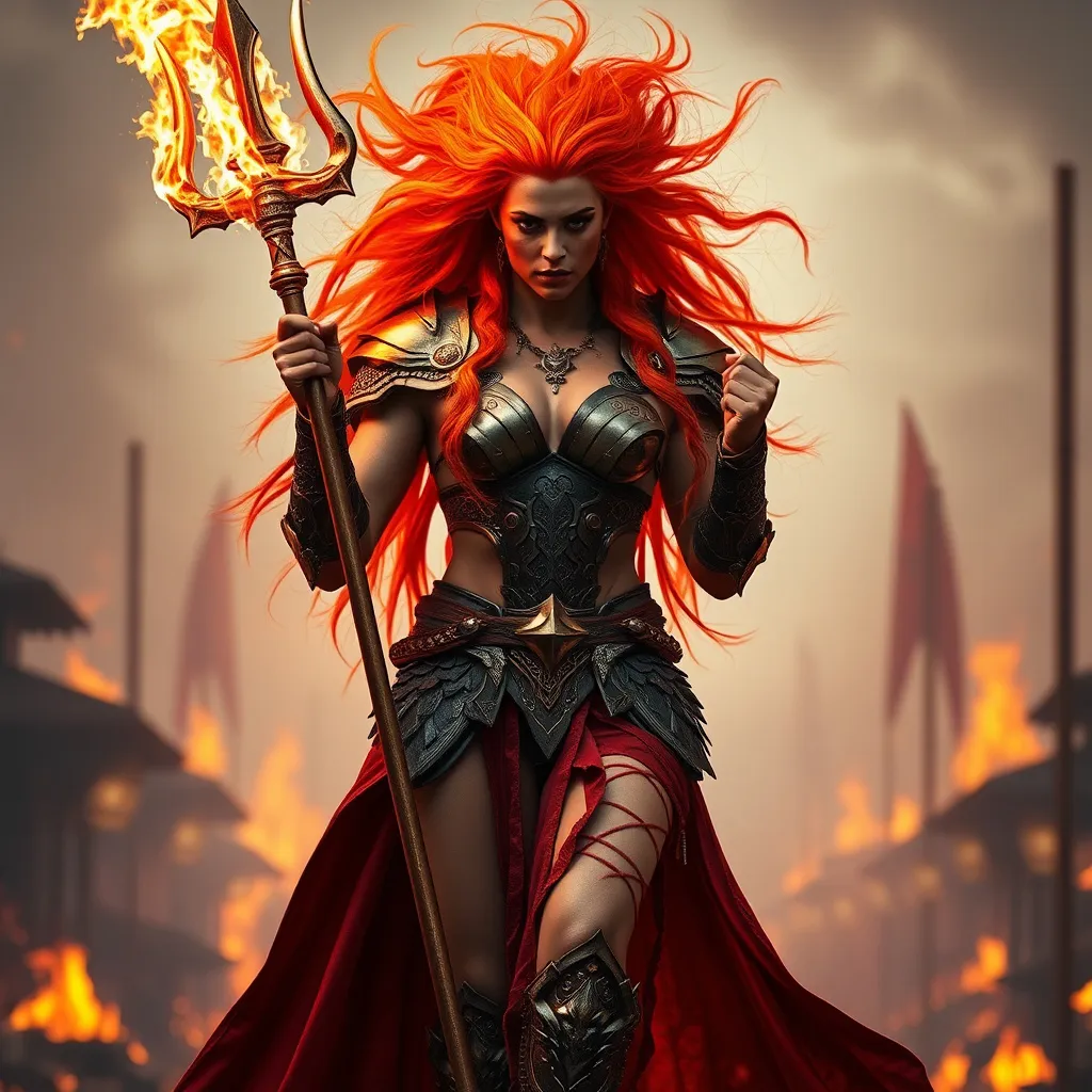 Prompt: Gorgeous muscular 25-year-old (Caucasian) drag queen goddess carrying a flaming trident, wearing armor of fire, ridiculously long flowing hair of fire, walking through a burning town.