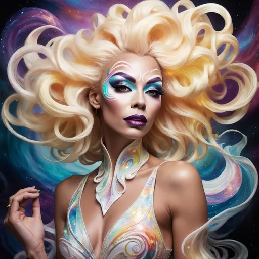 Prompt: Inspired by the quote 'The biggest adventure you can ever take is to live the life of your dreams,' create a surreal portrait of resilience. Depict a being of light, composed of swirling, luminous energy, rising from a chaotic yet beautiful cosmic landscape. This drag queen, a symbol of hope and strength, reaches towards a radiant source of light, their form echoing the intricate patterns and fractals of the universe. The artwork should evoke a sense of both intimacy and vastness, with a color palette of warm, glowing hues like gold, peach, and soft blues. Emphasize detailed textures and patterns, such as swirling clouds, intricate filigree, and cosmic dust. The lighting should create a soft, ethereal glow emanating from the being of light, conveying a sense of hope and renewal.
