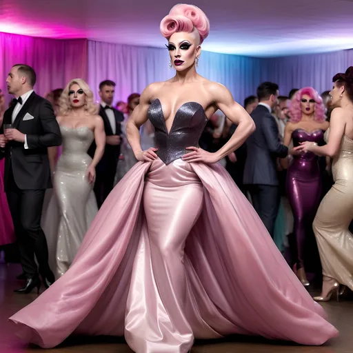 Prompt: Classy muscular 25-year-old British drag queen wearing long elegant ball gown, 8 inch stiletto high heel shoes, with dark eyeshadow and dark lipstick, and long platinum pink updo hair walking across the dance floor...