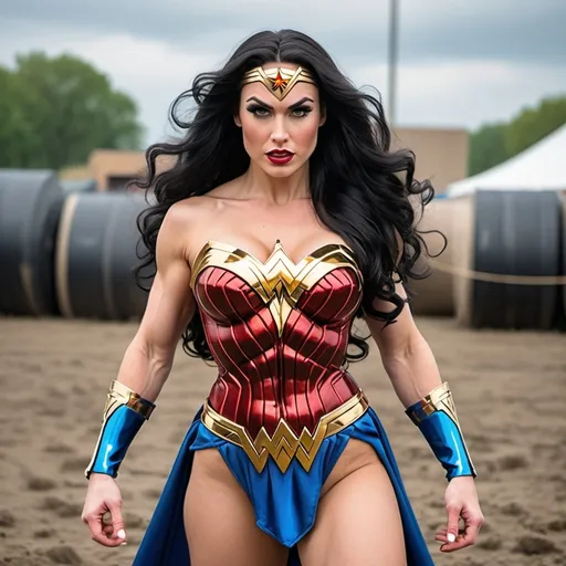 Prompt: Gorgeous ultra-muscular 25-year-old Baltic drag queen bodybuilder Wonder Woman (((DC Comics))) with large busom and long black shiny hair, 8 inch stiletto high heel boots. Twirling her golden lasso on a battlefield. 