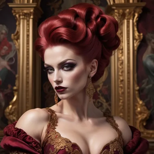 Prompt: Annalena Baerbock in Rokoko Style, the main subject is a gorgeous ultra-muscular 25-year-old Finnish drag queen bodybuilder, She is seen in an opulent, Rococo-inspired mood painted by a blend of Artgerm and Rubens, breathtaking dark red rokoko updo hair, wearing an elaborate dress in vibrant autumn colors. She is made up with dark eyeshadow and dark red lipstick. The dress is rich in architectural details and voluminous, adding to the grandeur of the image. This portrayal is showcasing her in an indoor palace setting. The background is teeming with an abundance of intricate and ornate elements, further accentuating the luxurious ambiance. The description aims to convey the exceptional quality of the image, capturing the viewer's attention through its extraordinary attention to detail and the lavishness it exudes.