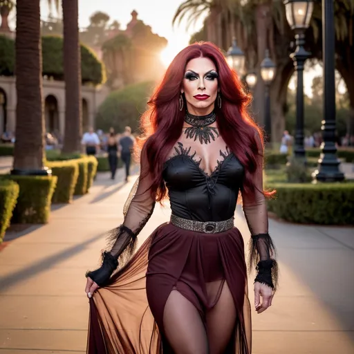 Prompt: Gorgeous muscular 35-year-old Czechian drag queen with long feathered dark red hair, walking at sunset in San Diego Balboa Park wearing a sheer see through blouse with a long sheer skirt and boots, hair up in a bun, with a choker necklace on, looking to side solemn expression, naughty Victorian style