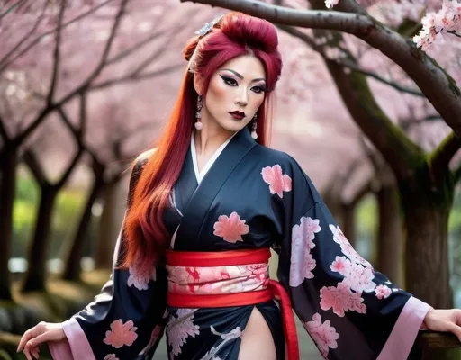 Prompt: Gorgeous muscular 25-year-old Japanese drag queen bodybuilder (with large busom, dark eyeshadow, dark lipstick) in a kimono, serene forest setting, full-body shot, long red hair, open eyes, detailed, traditional Japanese art style, vibrant colors, peaceful atmosphere, cherry blossom trees, elegant pose, long flowing sleeves, serene expression, atmospheric lighting, professional, epic