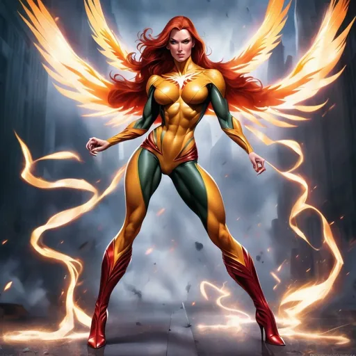 Prompt: Gorgeous muscular Jean Grey as the Phoenix Force, long muscular legs, muscular physique, 8 inch stiletto high heel boots 