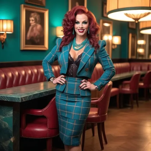 Prompt: Sophisticated art deco lounge, elegant gorgeous muscular 25-year-old British drag queen bodybuilder with large busom, curly dark red hair,  teal plaid tweed jacket, teal blouse, teal pencil skirt, black 6 inch stiletto high heel boots, crowded scene, subtle smile, high-res photo, art deco, elegant, detailed facial features, realistic, sophisticated, busy setting, vibrant colors, professional photography