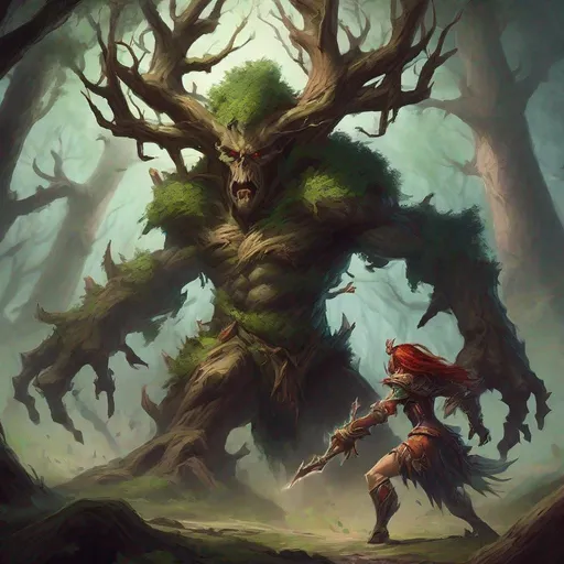 Prompt: Evil demonic treant attacking a brave warrior queen.